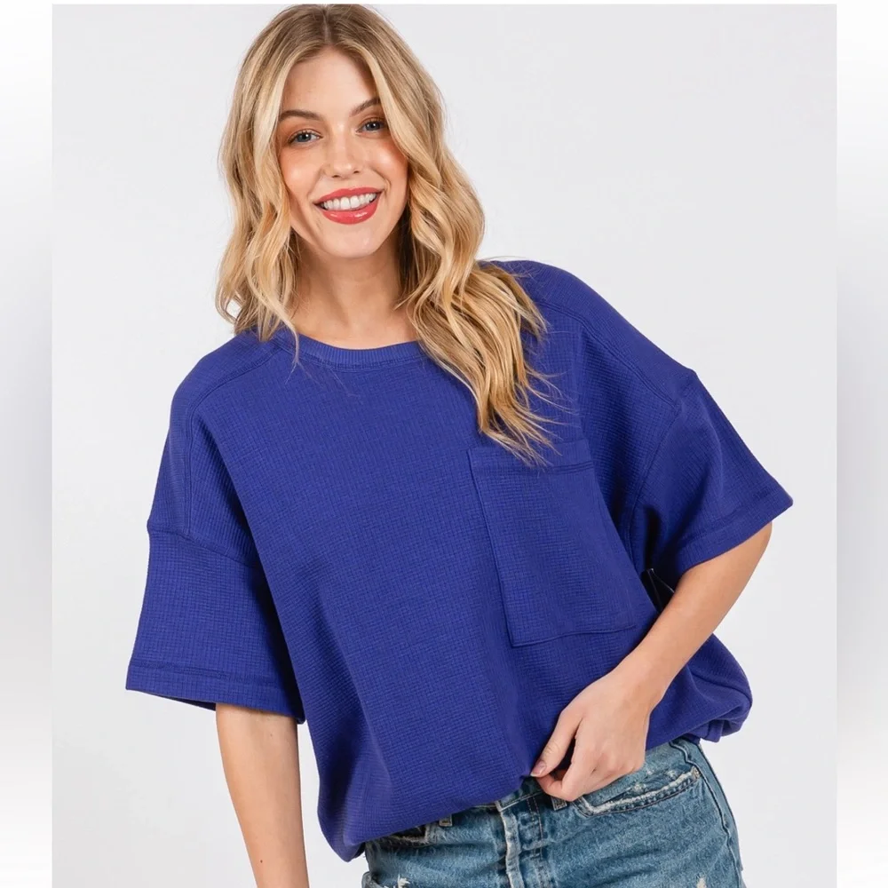 25 Solid Textured Drop Shoulder Top - Picture 2 of 6